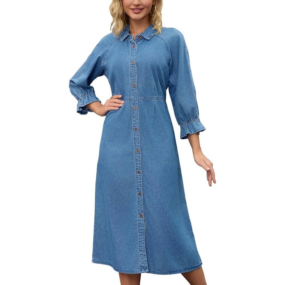 Women Denim Midi Dress Cotton Polyester Casual Button Down 3/4 Sleeve